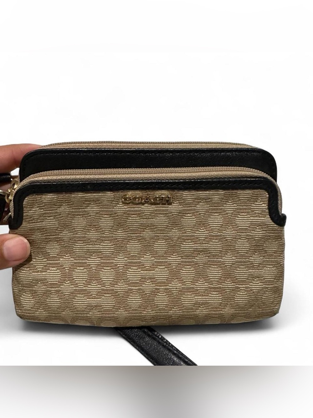 Coach Madison Needlepoint Signature Canvas Wristlet in Khaki Black Leather Trim